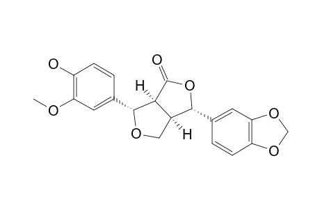 2-(3'-METHOXY-4'-HYDROXYPHENYL)-6-(3'',4''-METHYLENEDIOXYPHENYL)-8-OXO-3,7-DIOXABICYCLO-[3.3.0]-OCTANE