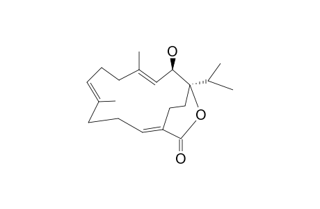 LAEVIGATLACTONE_D;(1-R*,2-R*,3-E,7-E,11-E)-1-ISOPROPYL-2-HYDROXY-4,8-DIMETHYL-21-OXABICYCLO-[10.2.2]-HEXADECA-3,7,11-TRIEN-20-ONE