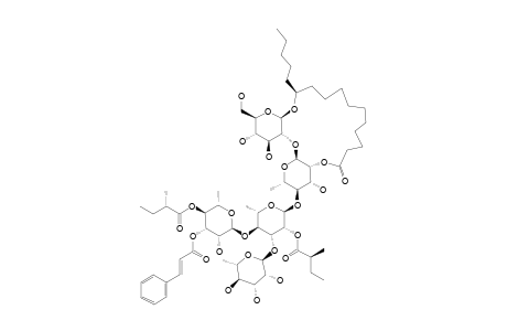 #1;CAIRICOSIDE-I;(S)-JALAPINOLIC-ACID-11-O-ALPHA-L-RHAMNOPYRANOSYL-(1->3)-O-[3-O-TRANS-CINNAMOYL-4-O-(S)-2-METHYLBUTYRYL-ALPHA-L-RHAMNOPYRANOSYL-(1->4)]-O-[2-O