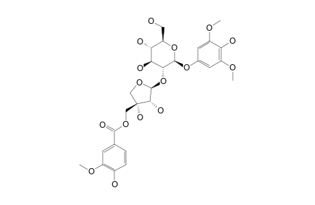 #3;MILLETTIASPECOSIDE-C;3,5-DIMETHOXY-4-HYDROXYPHENYL-1-O-BETA-D-[5-O-(3-METHOXY-4-HYDROXYBENZOYL)]-APIOFURANOSYL-(1->2)-BETA-D-GLUCOPYRANOSIDE