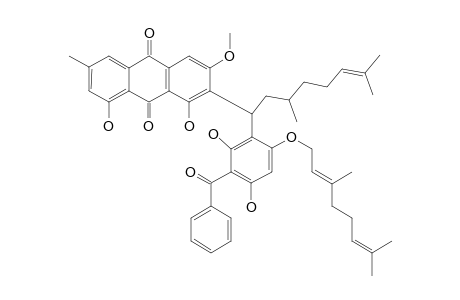 CRATOXYARBOREQUINONE-B;2-[1''-[11-BENZOYL-14-O-GERANYL-12,16-DIHYDROXYPHENYL]-4''-PRENYL-3''-METHYLBUTYL]-1,8-DIHYDROXY-3-METHOXY-6-METHYL-9,10-ANTHRA