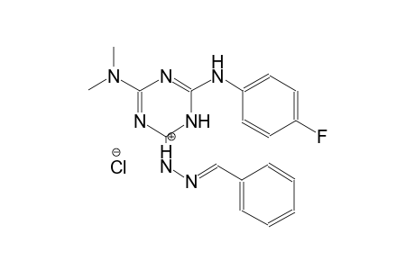 (1E,2E)-2-benzylidene-1-(4-(dimethylamino)-6-((4-fluorophenyl)amino)-1,3,5-triazin-2(1H)-ylidene)hydrazin-1-ium chloride