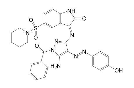 (E)-3-({5-Amino-1-benzoyl-4-[(E)-(4-hydroxyphenyl)diazinyl]-1H-pyrazol-3-yl}imino)-5-(piperidin-1-ylsulfonyl)indolin-2-one