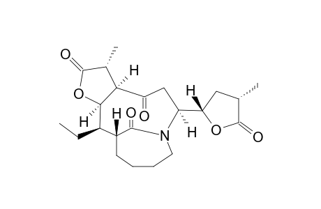 #2;STEMONATUBERONE-B;(REL)-(3R*,3AR*,6S*,12R*,13R*,13R*)-13-ETHYL-3-METHYL-6-[(2S*,4S*)-4-METHYL-5-OXO-TETRAHYDROFURAN-2-YL]-DECAHYDRO-2H-7,12-METHANOFURO-[3,2